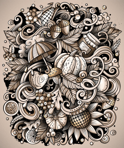 卡通可爱的涂鸦手绘秋天插图。所有项目都是分开的。图片下载