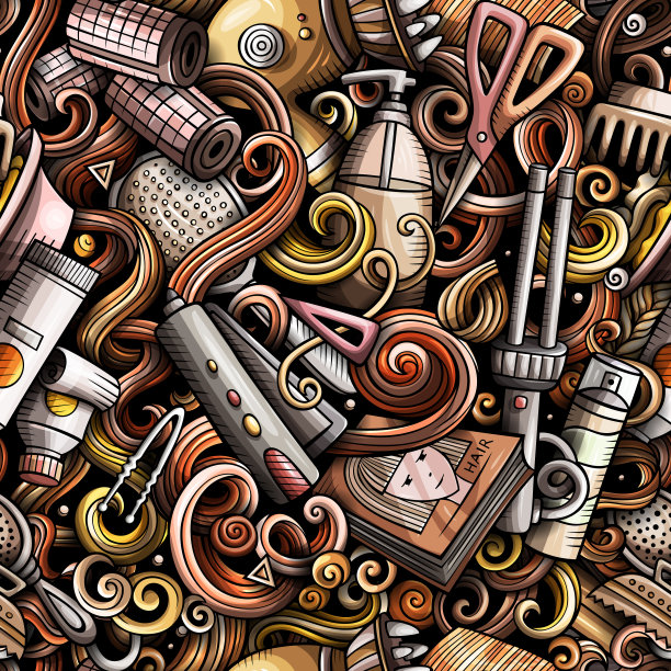 发廊手绘无缝涂鸦图案。发型的背景。图片下载