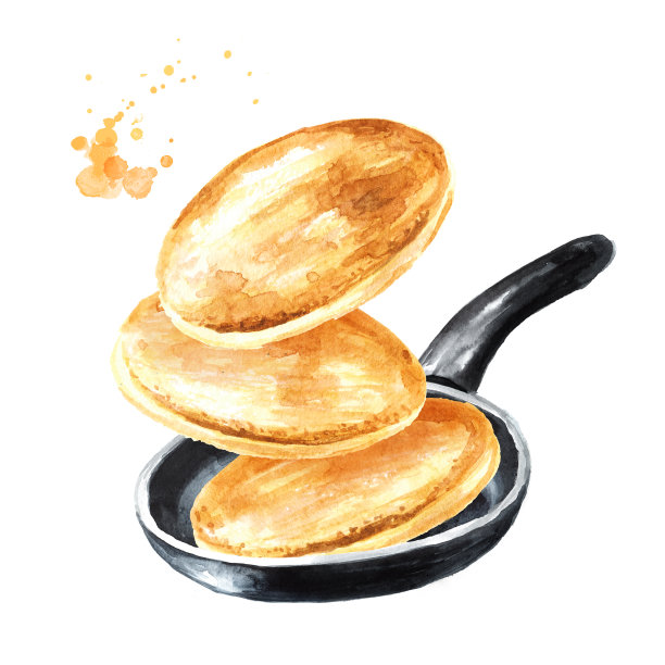 会飞的煎饼和煎锅。手绘水彩插图孤立的白色背景图片下载