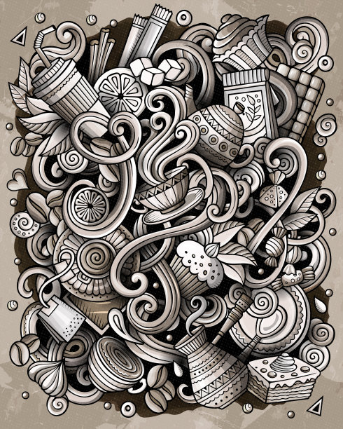 咖啡馆有趣的手绘矢量涂鸦插图。图片下载