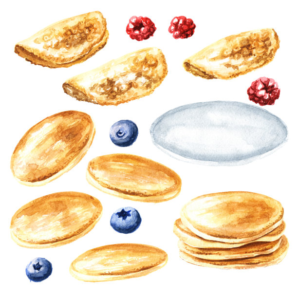 煎饼配上新鲜的覆盆子和蓝莓。手绘水彩插图孤立的白色背景图片下载