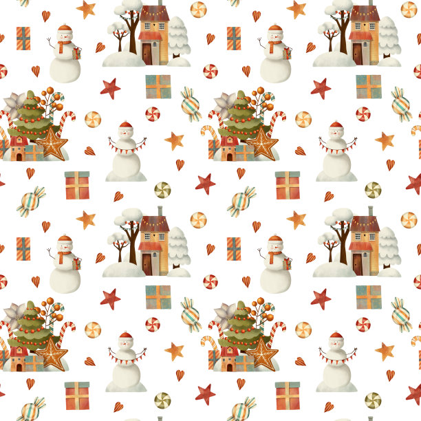 圣诞节冬天无缝图案的房子，雪人，树，松树，糖果，礼物，星星和心。图片下载
