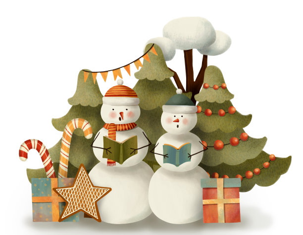 雪人唱歌用雪，礼物，姜饼，糖果，横幅，松树，冷杉。图片下载