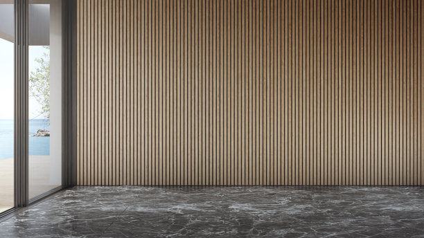 现代住宅或豪华游泳池别墅的大客厅的黑色大理石地板上的空白木墙。图片下载