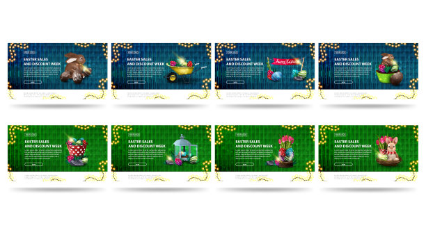 复活节促销和折扣周，绿色和蓝色横幅，含按钮和复活节图标图片下载
