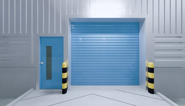 3d渲染机库建筑外部和卷帘门和铺砖地板在晚上的时间。图片下载