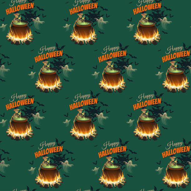 万圣节插画与篝火，骷髅，幽灵和蝙蝠。图片下载