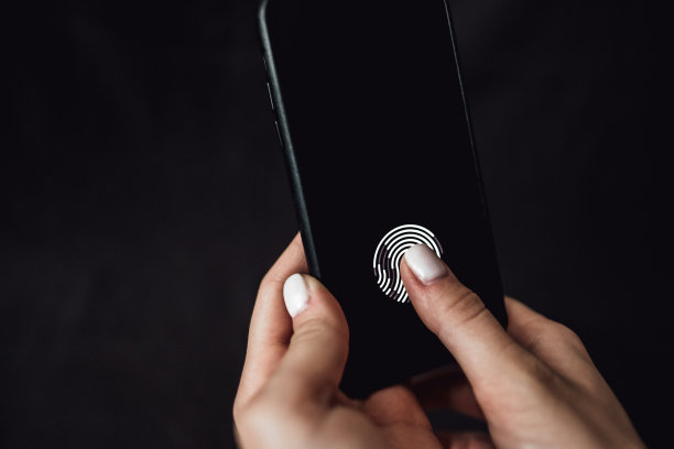 手持智能手机，屏幕上有指纹扫描仪。图片下载