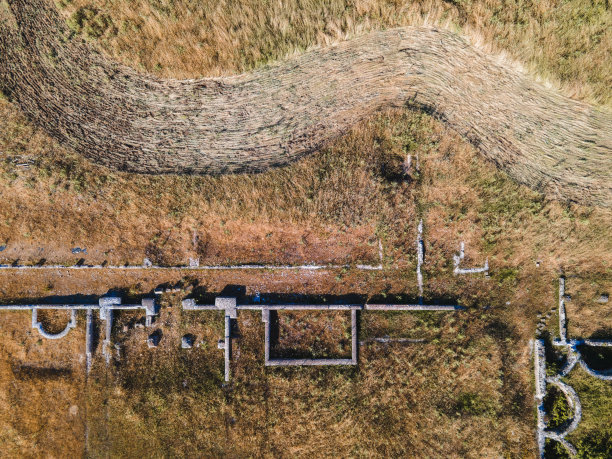 草地上的古代遗迹和足迹图片下载