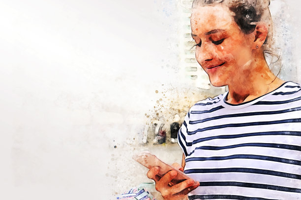 抽象的幸福少女背包和旅游城市的水彩插画画的背景。图片下载