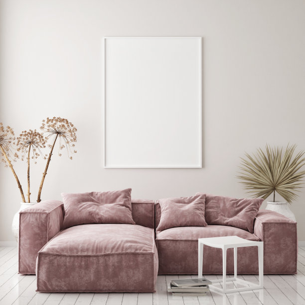 模拟海报框架在现代室内背景，斯堪的纳维亚风格，3D渲染图片下载