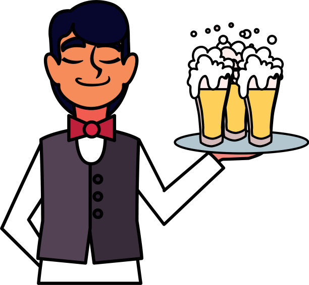 男侍者端着白色托盘啤酒杯图片下载