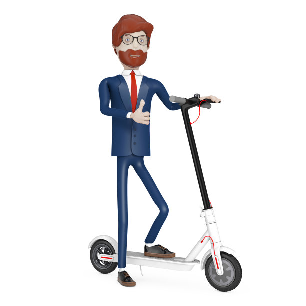 卡通人物商人与白色现代生态电动滑板车。3d渲染图片下载
