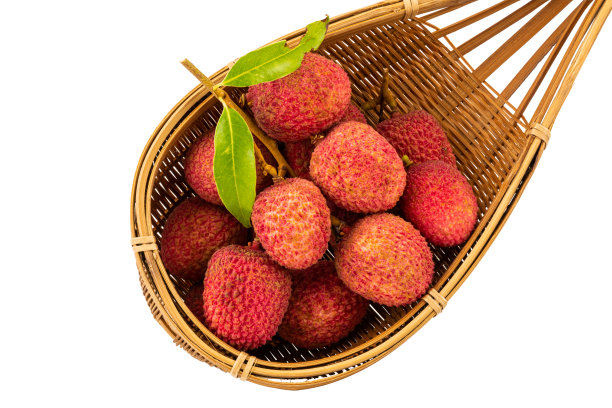 在白色的背景上孤立的篮子里的成熟的绿叶荔枝。图片下载