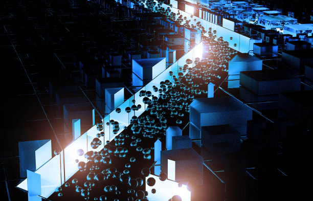 技术背景。黑球从玻璃走廊上滚下来。3 d渲染。图片下载