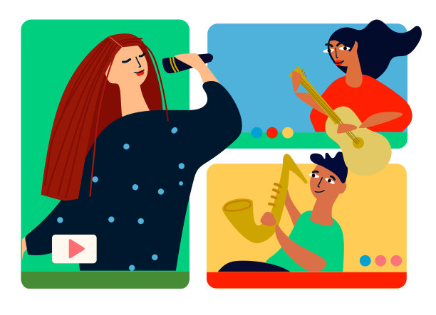 乐队利用视频会议平台进行在线演出。矢量插图在平面风格图片下载