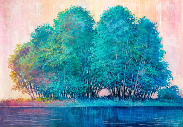 油画风景，美丽的河流。图片下载