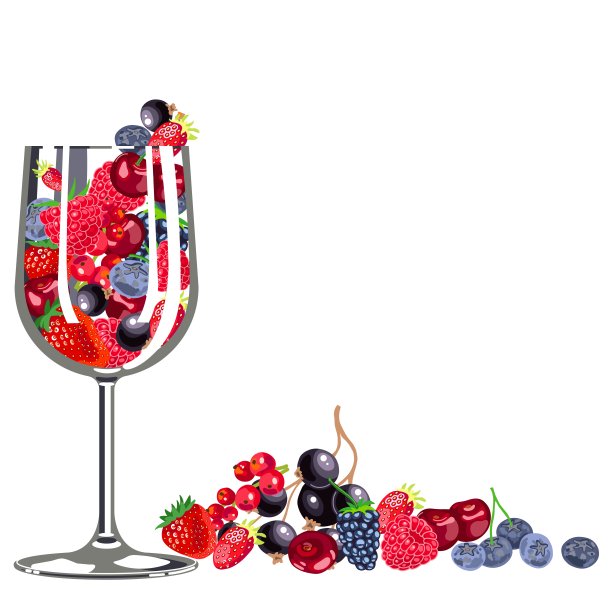 酒杯满红色和黑色成熟多汁的浆果和水果与一些浆果旁边的白色背景-蓝莓，樱桃，草莓，黑莓，红醋栗-平面矢量插图图片下载