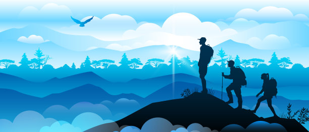 登山全景横幅与人的剪影在山顶。图片下载