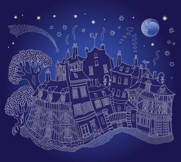 童话中的中世纪城镇房屋街道。黑色和白色手绘素描在深蓝色的夜空背景。旅游手册插图，t恤印刷，书籍封面图片下载