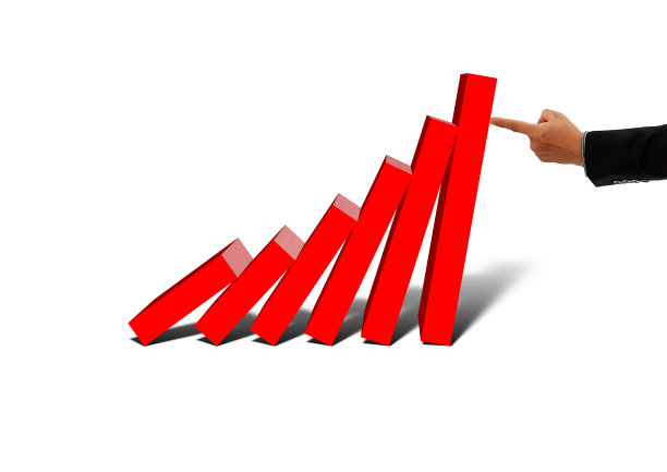 红色条形图倾斜的多米诺骨牌在业务风险的概念图片下载