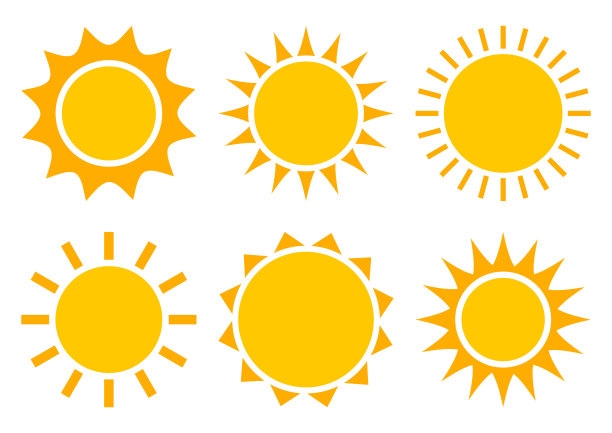 太阳图标，夏季设置。黄色和橙色，不同的形状。向量图片下载