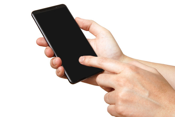 男性手操作手机-白色背景图片下载