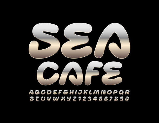 矢量金属徽章海咖啡馆与铬字母和数字图片下载