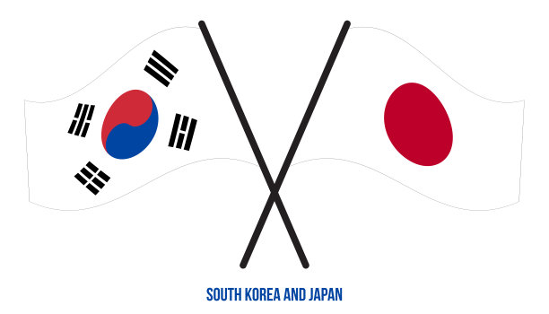 韩国和日本国旗交叉和挥舞的平风格。官方的比例。正确的颜色图片下载