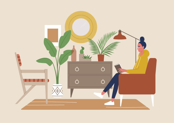 充满细节的波西米亚风格舒适的室内，一个年轻的女性角色坐在椅子上看书，千禧一代的生活方式图片下载