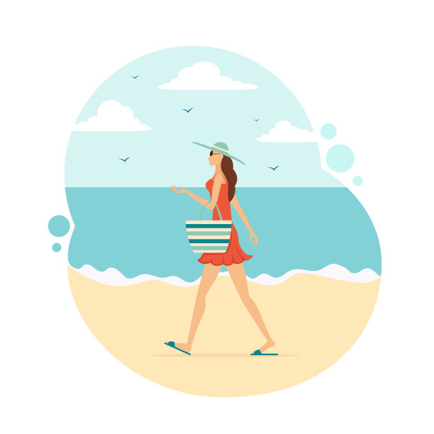 女人与一个海滩包和帽子在海上背景图片下载