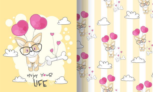 可爱的小狗飞与气球无缝图案图片下载