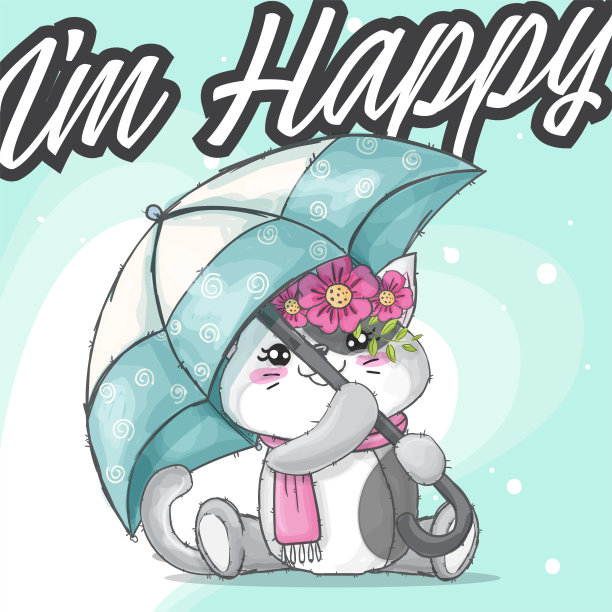 拿着雨伞的小猫卡通插图的孩子。图片下载