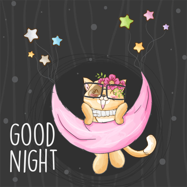 小猫和可爱的月亮与花和明星卡通插图的孩子。图片下载