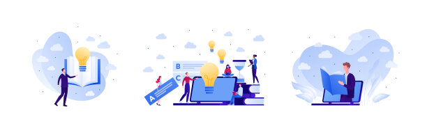 在线教育与考试考试理念。矢量平面人插图集。以笔记本电脑、灯泡、书本元素集合人性。设计大学，学校，学院课程横幅图片下载