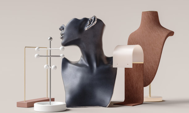 人体模型项链展示胸像支架。耳环首饰空橱窗背景。女子饰品店横幅。3 d渲染。图片下载