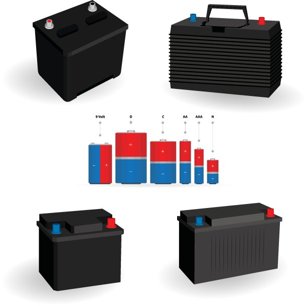 汽车蓄电池和碱性电池矢量插图集。等距蓄电池图隔离在白色背景上。图片下载