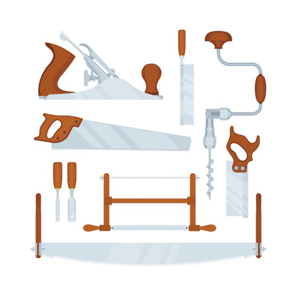 木工工具矢量插图集:手钻，千斤顶飞机和不同的锯。图片下载