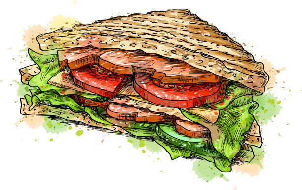 三明治快餐从水彩画飞溅图片下载