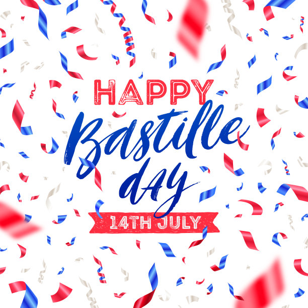法国的国定假日——巴士底日。毛笔书法问候和彩纸在法国国旗的颜色。矢量插图。图片下载