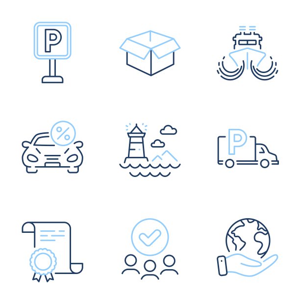 汽车租赁，卡车停车和打开的盒子图标集。船舶、停车场和灯塔标志。向量图片下载