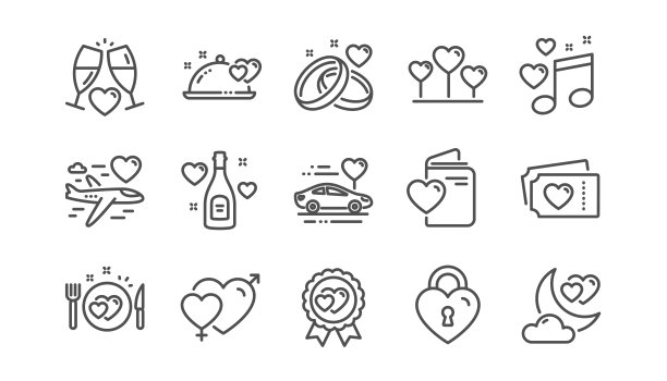 蜜月系列图标集。结婚戒指，结婚车，爱情。新娘的香槟，情人的心。向量图片下载