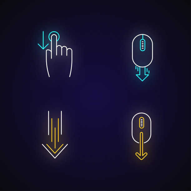 滚动霓虹灯图标设置。向下滑动指示器、游标。箭头移动应用程序界面导航按钮。具有外部发光效果的符号。矢量隔离RGB彩色插图图片下载