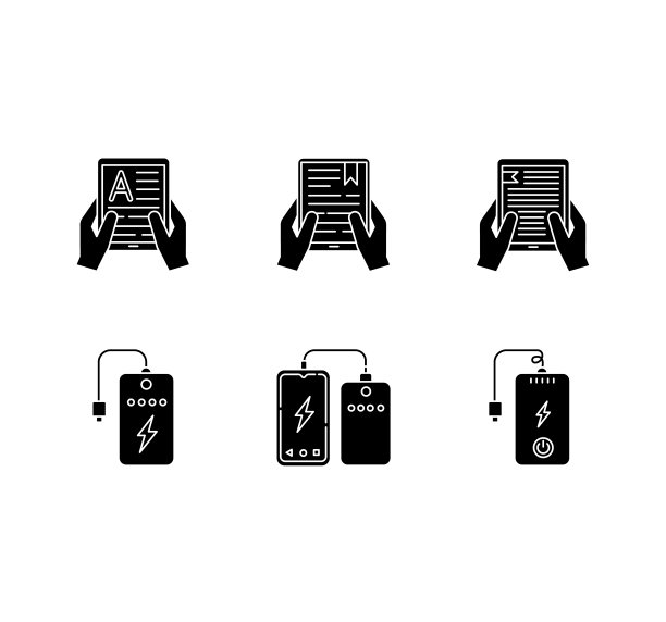 便携式电子设备黑色象形文字图标设置在空白。移动电源便携式电池。充电装置。手持电子阅读器、平板电脑。轮廓符号。向量孤立的插图图片下载