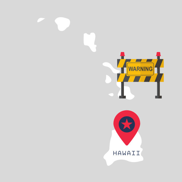 夏威夷地图与警告标志障碍。灰色背景上的Covid-19疫情概念图。图片下载