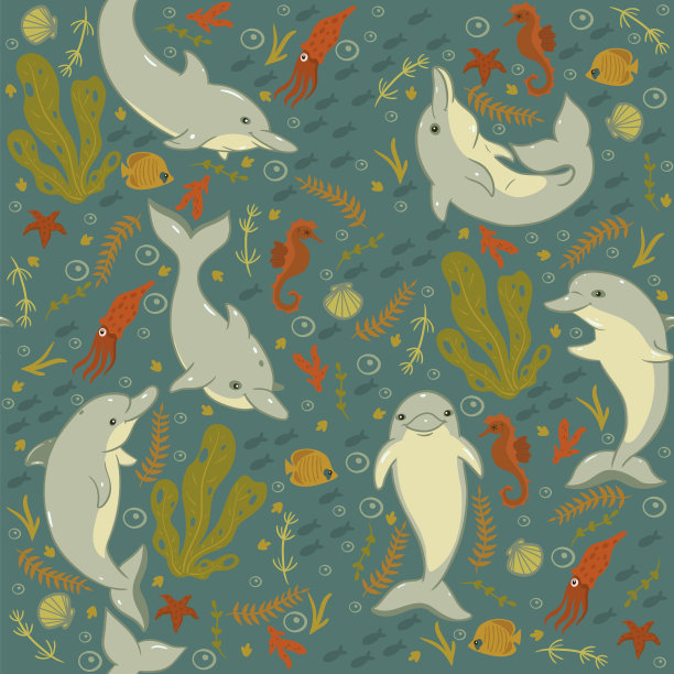 无缝模式与海豚和海洋动物。矢量图形。图片下载