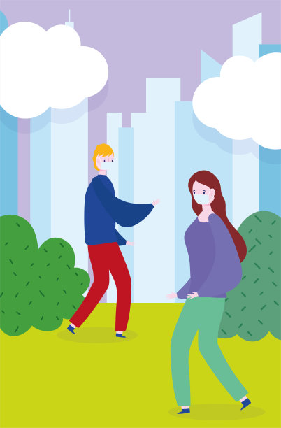 远离社交，戴口罩的人在城市公园散步，预防新冠肺炎19图片下载