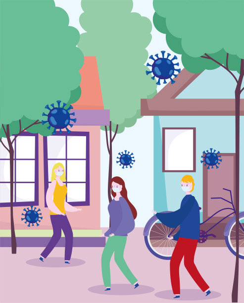 预防冠状病毒新冠肺炎19日，年轻人佩戴医用口罩，女性男性行走城市街道，保护爆发疾病图片下载