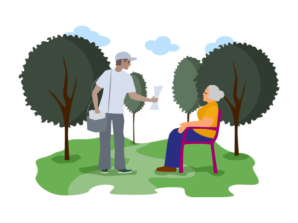 一个年轻人把报纸给一位老妇人。图片下载