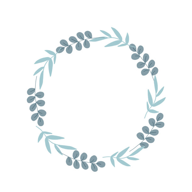 一个树叶和蓝色桉树花花环的插图设计。手工绘制，在中心和放置文字在白色背景上。图片下载